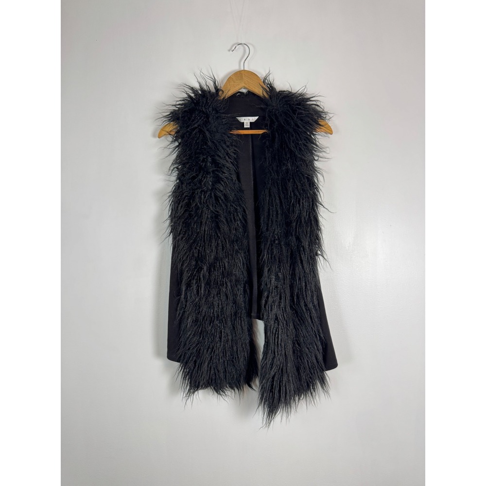 Glam Cabi Women Small Faux Fur Vest Black Shaggy Open Front Knit Back 929